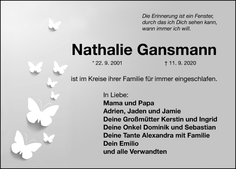  Traueranzeige für Nathalie Gansmann vom 16.09.2020 aus Nordbayerische Nachrichten Herzogenaurach Lokal