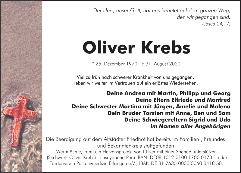  Traueranzeige für Oliver Krebs vom 05.09.2020 aus Erlanger Nachrichten Lokal