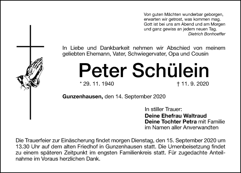  Traueranzeige für Peter Schülein vom 14.09.2020 aus Altmühl-Bote Lokal