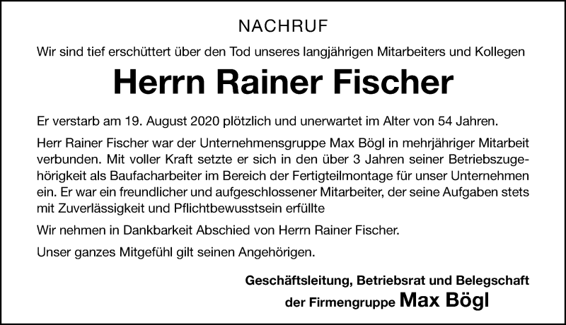  Traueranzeige für Rainer Fischer vom 03.09.2020 aus Nordbayerische Nachrichten Pegnitz Lokal