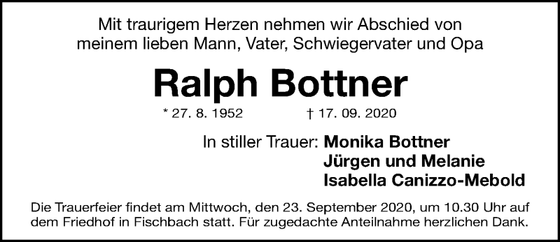  Traueranzeige für Ralph Bottner vom 21.09.2020 aus Gesamtausgabe Nürnberger Nachrichten/ Nürnberger Ztg.
