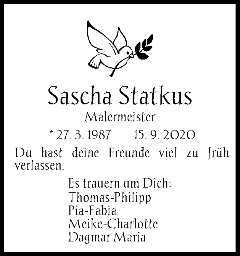  Traueranzeige für Sascha Statkus vom 26.09.2020 aus Gesamtausgabe Nürnberger Nachrichten/ Nürnberger Ztg.