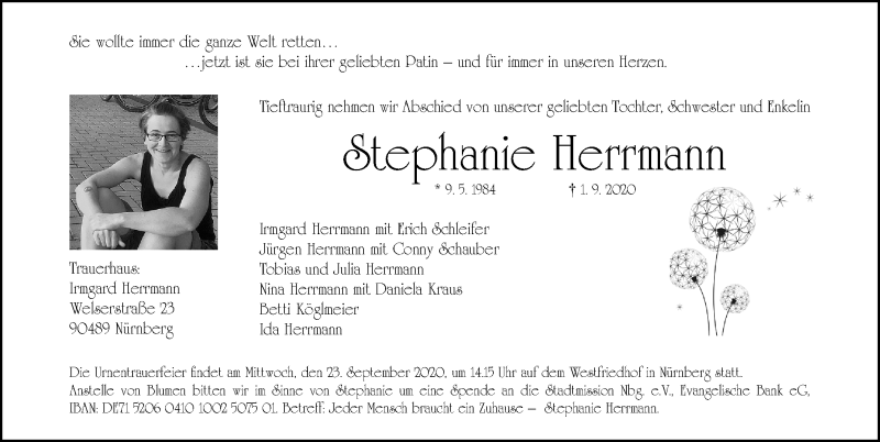  Traueranzeige für Stephanie Herrmann vom 19.09.2020 aus Gesamtausgabe Nürnberger Nachrichten/ Nürnberger Ztg./ Verlag 