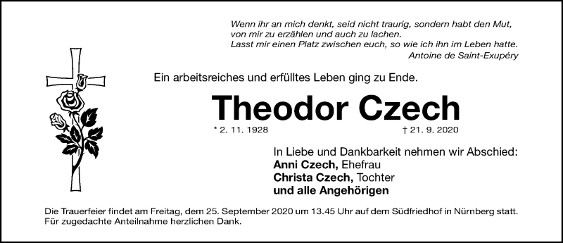  Traueranzeige für Theodor Czech vom 23.09.2020 aus Gesamtausgabe Nürnberger Nachrichten/ Nürnberger Ztg.