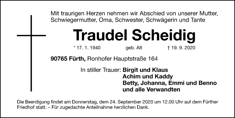  Traueranzeige für Traudel Scheidig vom 23.09.2020 aus Fürther Nachrichten Lokal