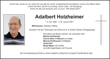 Traueranzeige von Adalbert Holzheimer von Neumarkter Nachrichten Lokal