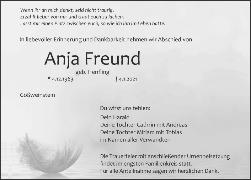  Traueranzeige für Anja Freund vom 09.01.2021 aus Nordbayerische Nachrichten Forchheim Lokal