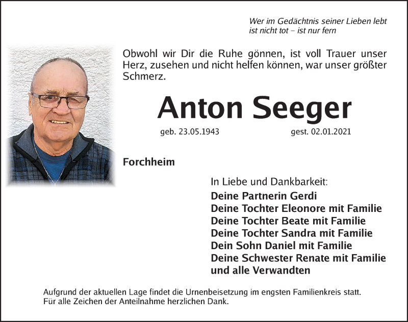 Traueranzeigen Von Anton Seeger | Trauer.nn.de