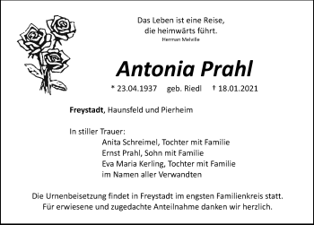 Traueranzeige von Antonia Prahl von Neumarkter Nachrichten Lokal