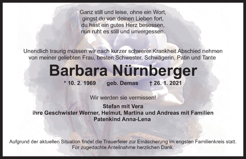  Traueranzeige für Barbara Nürnberger vom 29.01.2021 aus Altmühl-Bote Lokal