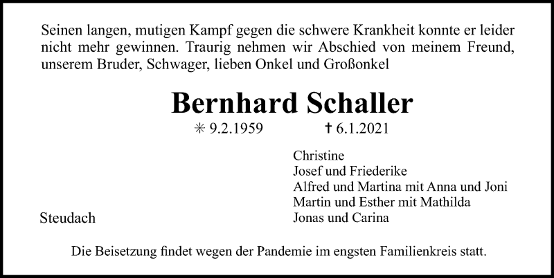  Traueranzeige für Bernhard Schaller vom 09.01.2021 aus Erlanger Nachrichten Lokal