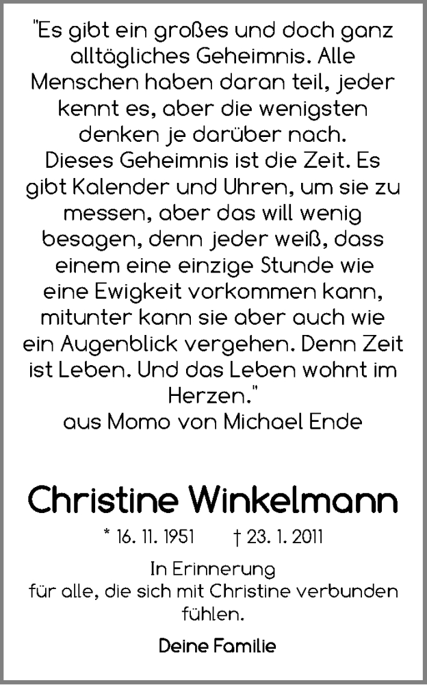  Traueranzeige für Christine Winkelmann vom 23.01.2021 aus Gesamtausgabe Nürnberger Nachrichten/ Nürnberger Ztg.