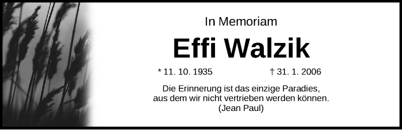  Traueranzeige für Effi Walzik vom 30.01.2021 aus Erlanger Nachrichten Lokal