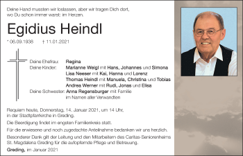 Traueranzeige von Egidius Heindl von Roth-Hilpoltsteiner Volkszeitung Lokal