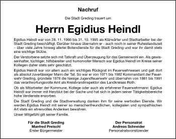 Traueranzeige von Egidius Heindl von Roth-Hilpoltsteiner Volkszeitung Lokal