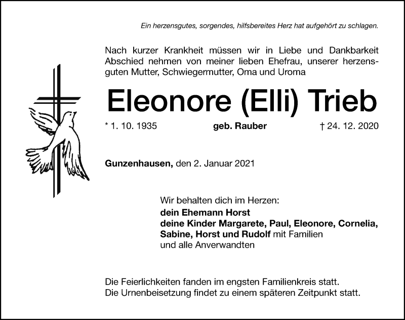  Traueranzeige für Eleonore Trieb vom 02.01.2021 aus Altmühl-Bote Lokal