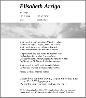 Traueranzeige von Elisabeth Arrigo von Gesamtausgabe Nürnberger Nachrichten/ Nürnberger Ztg.