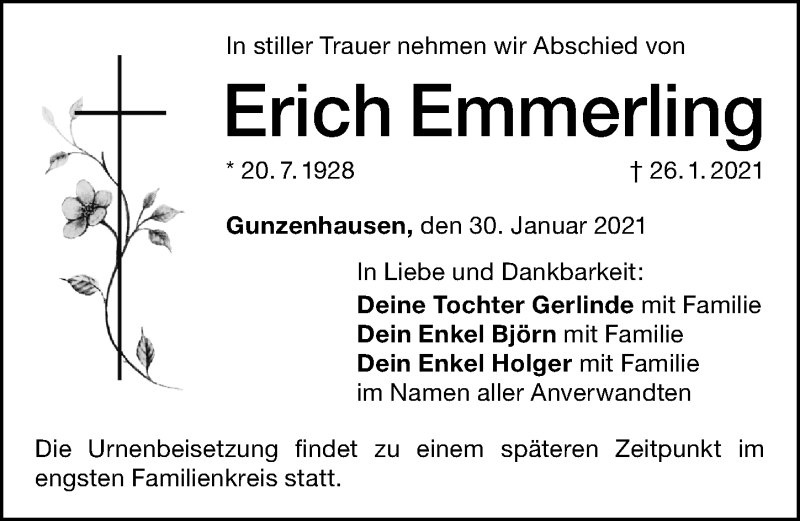  Traueranzeige für Erich Emmerling vom 30.01.2021 aus Altmühl-Bote Lokal