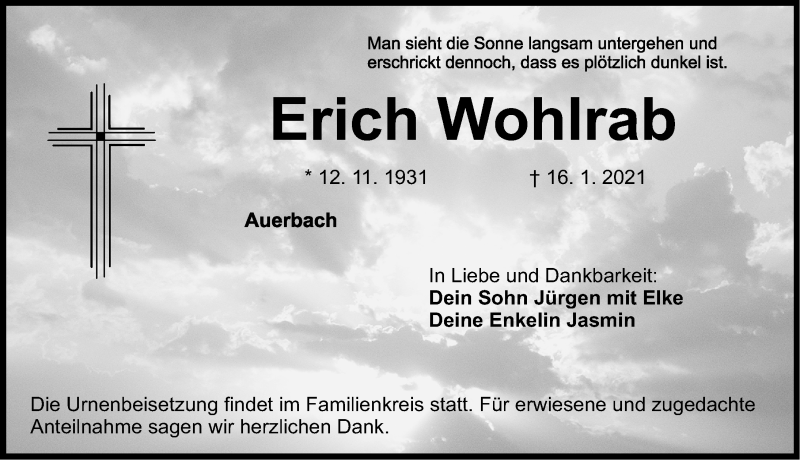  Traueranzeige für Erich Wohlrab vom 23.01.2021 aus Nordbayerische Nachrichten Pegnitz Lokal
