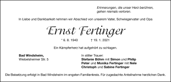 Traueranzeige von Ernst Fertinger von Windsheimer Zeitung Lokal