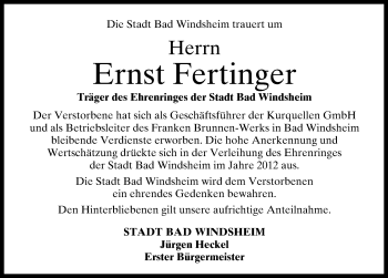 Traueranzeige von Ernst Fertinger von Windsheimer Zeitung Lokal