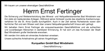 Traueranzeige von Ernst Fertinger von Windsheimer Zeitung Lokal