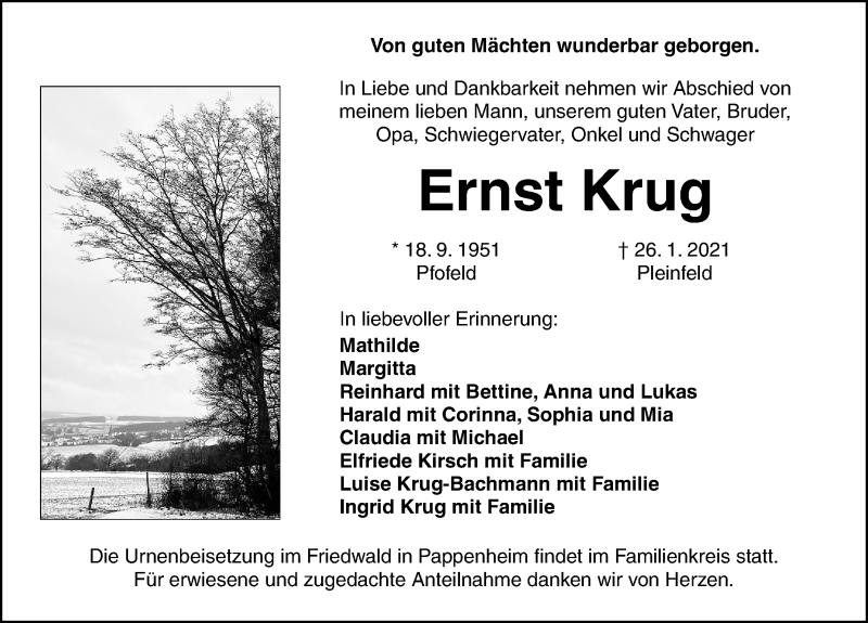  Traueranzeige für Ernst Krug vom 30.01.2021 aus Altmühl-Bote Lokal