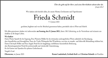 Traueranzeige von Frieda Schmidt von Windsheimer Zeitung Lokal