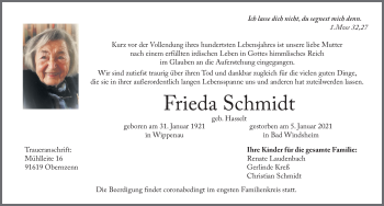 Traueranzeige von Frieda Schmidt von Windsheimer Zeitung Lokal