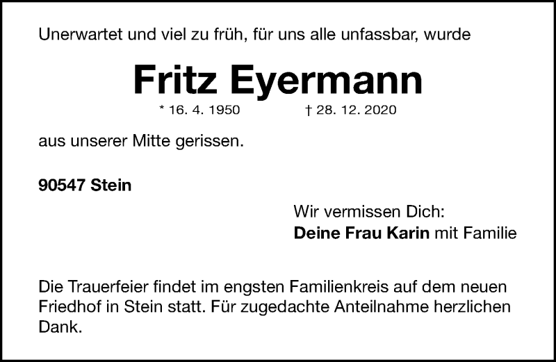  Traueranzeige für Fritz Eyermann vom 02.01.2021 aus Gesamtausgabe Nürnberger Nachrichten/ Nürnberger Ztg.