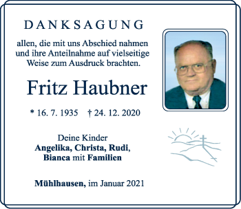 Traueranzeige von Fritz Haubner von Neumarkter Nachrichten Lokal