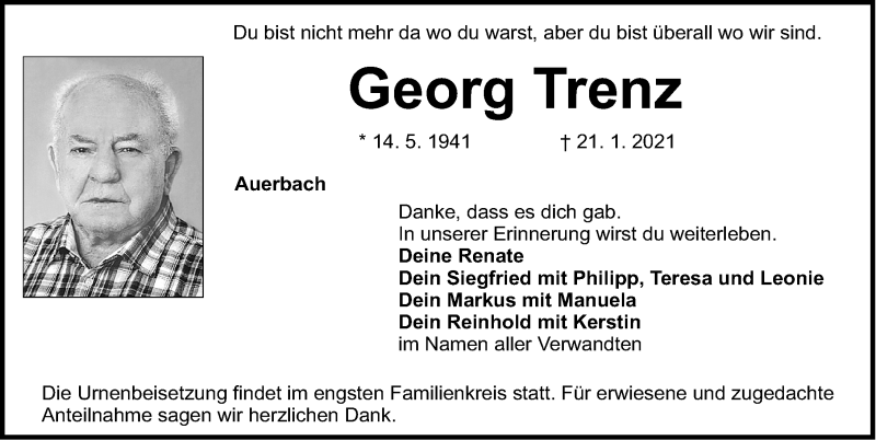  Traueranzeige für Georg Trenz vom 30.01.2021 aus Nordbayerische Nachrichten Pegnitz Lokal