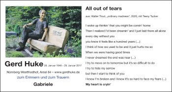 Traueranzeige von Gerd Huke von Gesamtausgabe Nürnberger Nachrichten/ Nürnberger Ztg.