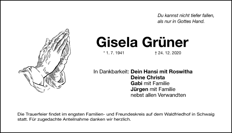 Traueranzeigen Von Gisela Grüner Trauer Nn De