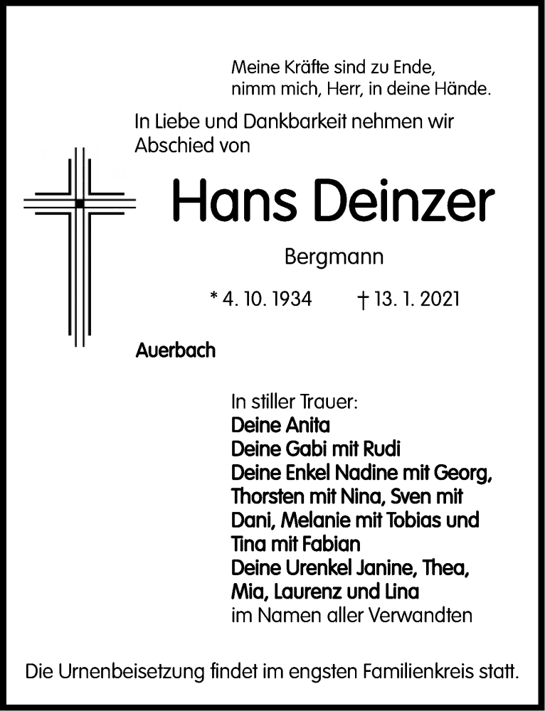  Traueranzeige für Hans Deinzer vom 16.01.2021 aus Nordbayerische Nachrichten Pegnitz Lokal
