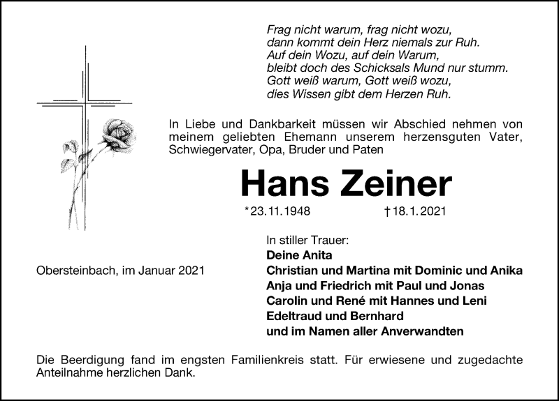  Traueranzeige für Hans Zeiner vom 23.01.2021 aus Schwabacher Tagblatt Lokal