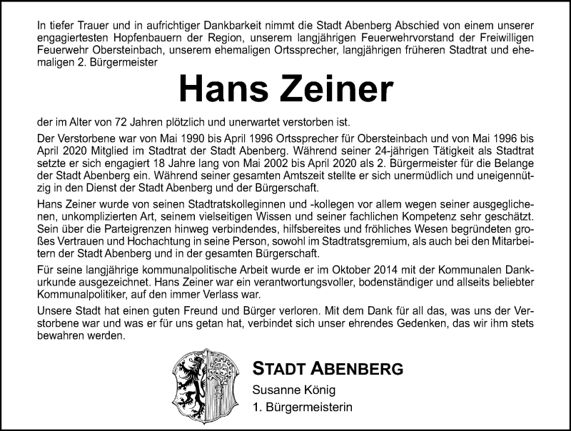  Traueranzeige für Hans Zeiner vom 23.01.2021 aus HST,HRHV