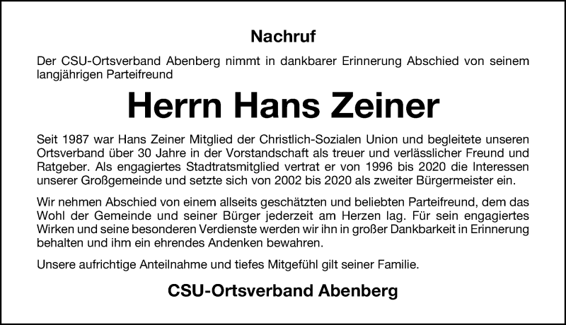  Traueranzeige für Hans Zeiner vom 23.01.2021 aus HST,HRHV