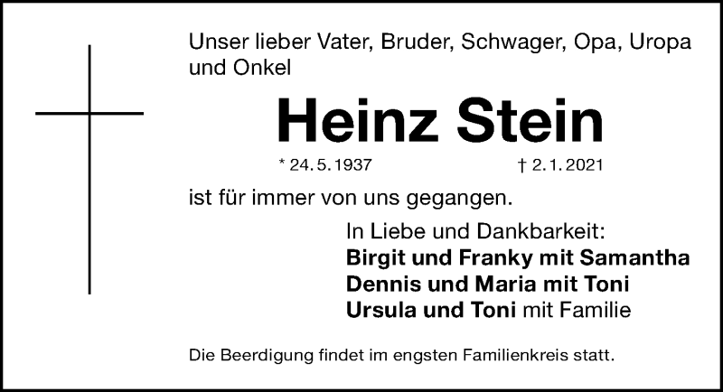 Traueranzeige für Heinz Stein vom 09.01.2021 aus Gesamtausgabe Nürnberger Nachrichten/ Nürnberger Ztg.