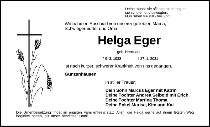  Traueranzeige für Helga Eger vom 30.01.2021 aus Altmühl-Bote Lokal
