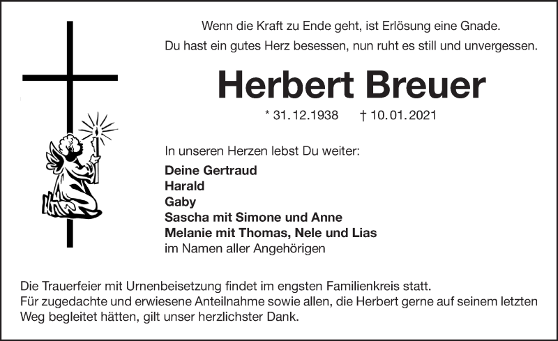  Traueranzeige für Herbert Breuer vom 12.01.2021 aus Weißenburger Tagblatt u.Treuchtlinger Kurier Lokal