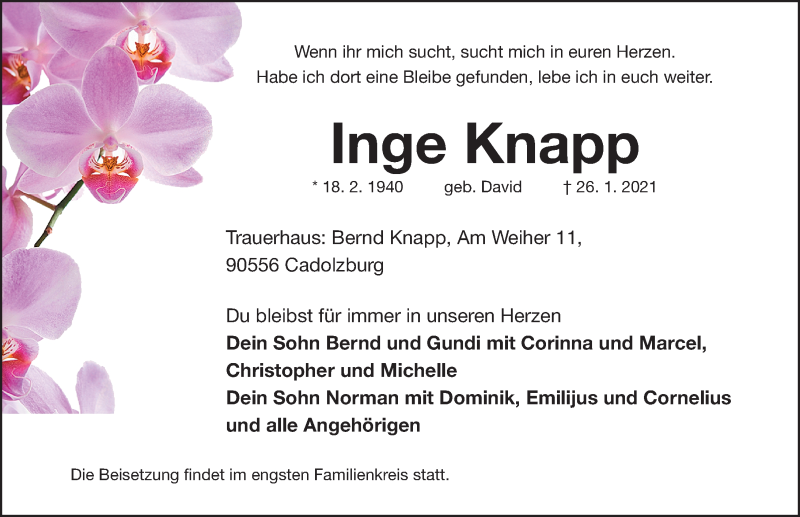 Traueranzeige für Inge Knapp vom 30.01.2021 aus Gesamtausgabe Nürnberger Nachrichten/ Nürnberger Ztg.