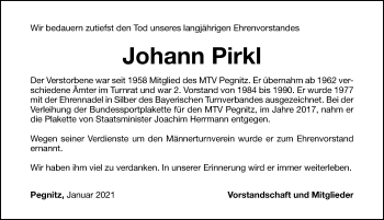 Traueranzeige von Johann Pirkl von Nordbayerische Nachrichten Pegnitz Lokal