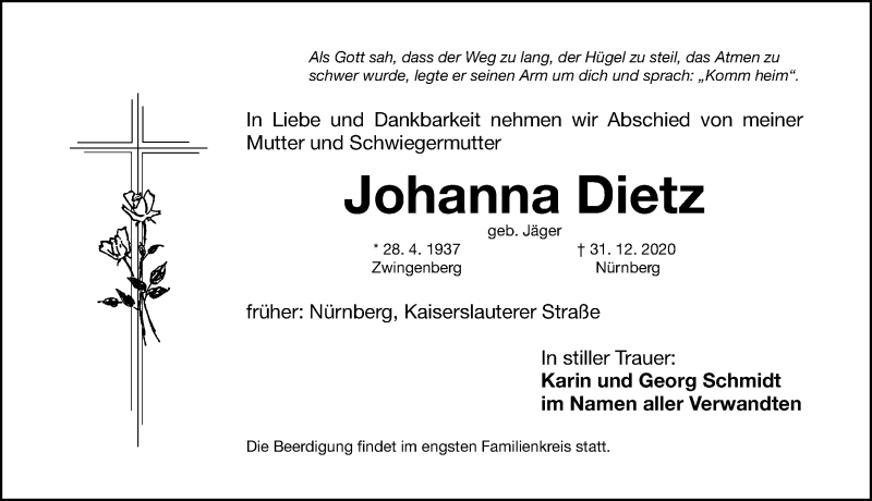  Traueranzeige für Johanna Dietz vom 05.01.2021 aus Gesamtausgabe Nürnberger Nachrichten/ Nürnberger Ztg.