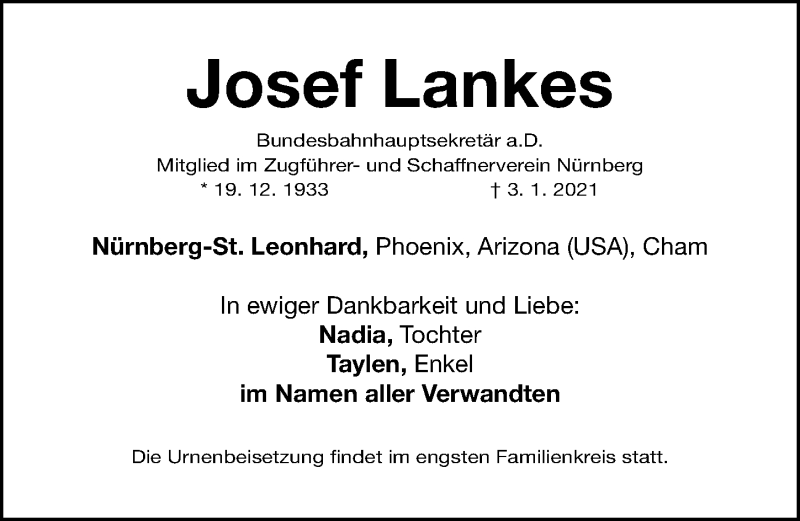  Traueranzeige für Josef Lankes vom 16.01.2021 aus Gesamtausgabe Nürnberger Nachrichten/ Nürnberger Ztg.