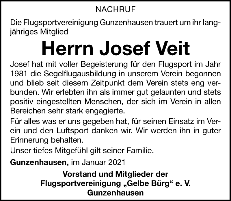  Traueranzeige für Josef Veit vom 20.01.2021 aus Altmühl-Bote Lokal