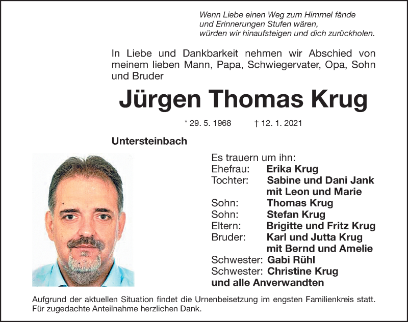  Traueranzeige für Jürgen Thomas Krug vom 21.01.2021 aus Roth-Hilpoltsteiner Volkszeitung Lokal