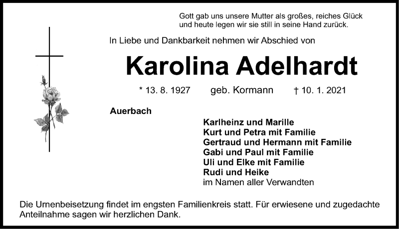  Traueranzeige für Karolina Adelhardt vom 16.01.2021 aus Nordbayerische Nachrichten Pegnitz Lokal