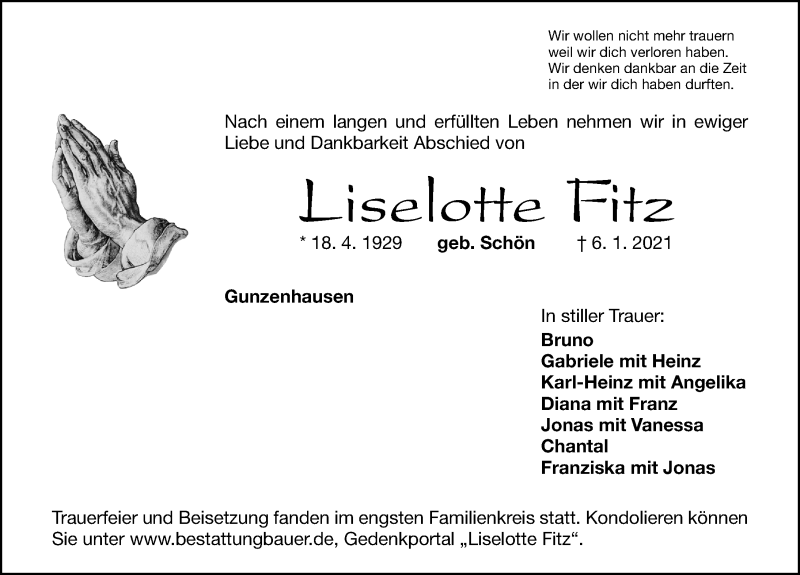 Traueranzeige für Liselotte Fitz vom 12.01.2021 aus Altmühl-Bote Lokal