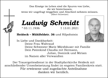 Traueranzeige von Ludwig Schmidt von Roth-Hilpoltsteiner Volkszeitung Lokal